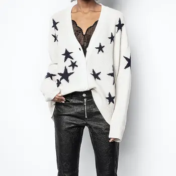 100% kašmira Zvaigžņu žakarda sieviešu Adīta jaka džemperis ar v-veida kakla ar garām piedurknēm gadījuma savvaļas dāmu jaka džemperis