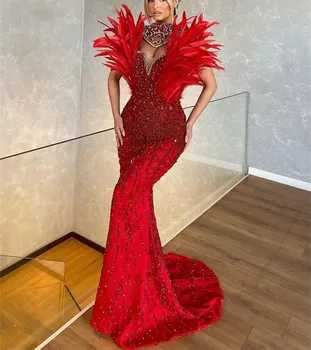 2023 Luksusa Red Frēzēšana Sirēna Celebrity Kleitas Spalvas Paklāja Tērpi Vakara DressRobe De Soirée Īpašos Gadījumos Pasūtījuma