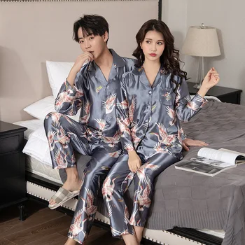 AECU Sieviešu Pidžamas Komplekti Mākslīgās Zīda Satīna Pidžamas Komplekts Sievietēm Un Vīriešiem Sleepwear Pidžamu Gadījuma Homewear Ģimenes Pāris Naktsveļu