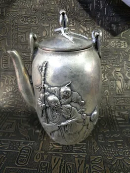 Antīko MingDynasty sudraba tējas katlā,Cirsts rakstzīmes pot,ar Roku apgleznotus amatniecība,Apdare,Kolekcija&Rota