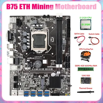 B75 BTC Ieguves Mātesplati 8XUSB3.0+I3 2120 CPU+DDR3 4GB RAM+128G SSD+Ventilators+SATA Kabelis+Switch Kabelis+Thermal Grease