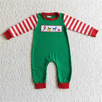 Baby Boy Ziemassvētku Izšuvumu Svītrainām Garām Piedurknēm Romper Toddler Jaundzimušā Bērna Bērni Zaļā Snap Pogu, Bērns Kokvilnas Jumpsuit