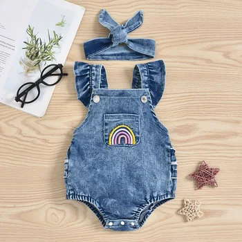 baby girl apģērbu, džinsa jumpsuit varavīksnes drukas viens gabals tērpiem kāpšanas romper + galvas divas gabals zīdaiņu kokvilnas džinsa džinsi