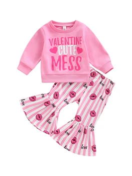 Baby Toddler Meitene Valentīna Diena Bell Grunts Apģērbs, Apģērbu Komplekts Vēstuli Sirds Garām Piedurknēm Krekls Izlīdzināšanu Elsas