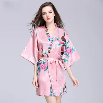 Drukāt Zieds Pāvs Drēbes Peldmētelis Kimono Kleita Seksīga Nakts Kleita Lady Sleepwear Satīna Mājas Naktsveļu Gadījuma Intīmas Apakšveļa