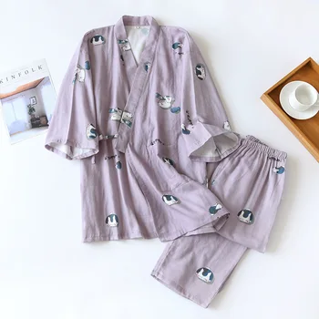 Japāņu stila Kimono Divas Gabals, kas Vasarā Pāris Pidžamas Komplekts Sievietēm un Vīriešiem Tīras Kokvilnas Marle Cute Kaķēns Plānas Homewear Plus Lieluma