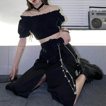 Jauno Modes Pavasara Rudens Svārki Sievietēm ar Ķēdes Gotikas Stilā Melni Gari Svārki Sānu Spraugas, Hip Hop Streetwear Sieviete