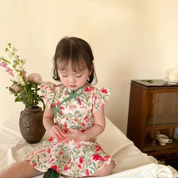 Jaunu 2022 Vasaras Kleitas Stilu Ķīnas Cheongsams Meitenēm Salds Sadalīti Ziedu Kokvilnas Lotus Leaf Svārki, Kleita, Bērnu Kostīmi