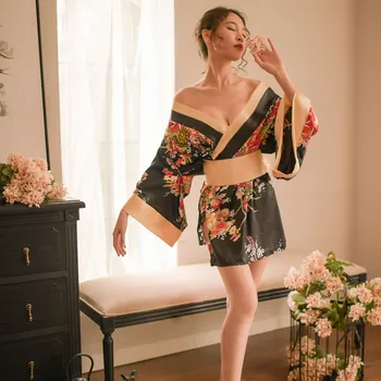 Kakaforsa Sieviešu Japāņu Kimono Sleepwear Sexy Dziļu V-veida kakla Satīna Kimono Ziedu Iespiesti Naktsveļu Īss Vannas Drēbes