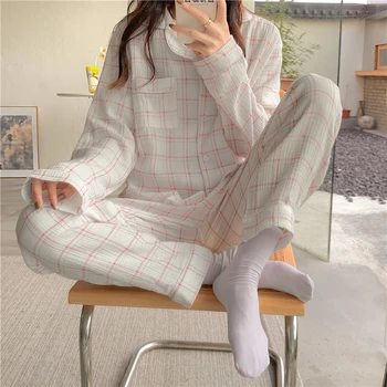 Kawaii Rozā Pleds Rudens Mājas Tērps Sievietēm Korejas Kokvilnas Sleepwear Ins Zaudēt Salds Divas Gabals Pidžamas Komplekts Kabatas Krekli + Bikses