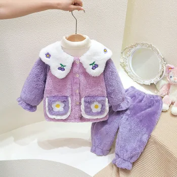 Meitenes Sleepwear Apģērbu Komplekti Rudens Ziemas Bērni Biezi Samta Žaketes Bikses 2gab Pidžamu Uzvalks Par Bērnu no 1 Līdz 6 Gadiem Bērniem Set