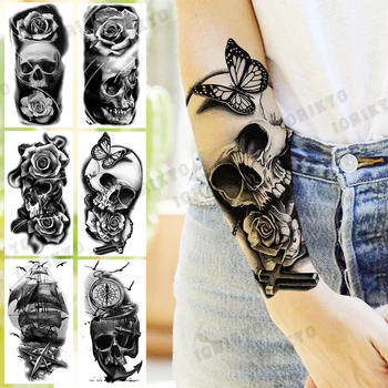 Melns Galvaskausa Rose Puķu Krusta Pagaidu Tetovējumiem Sievietēm Pieaugušo Meitene Enkura Kompass Pirātu Kuģis Viltus Tetovējums Rokas Ūdensizturīgs Tetovējums
