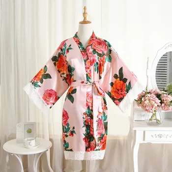 Mežģīnes Apdari Ziedu Drukāt Kimono Drēbes Dāmas Vasarā Jaunu Satīna Vannas Kleita Pavasara Rudens Peldmētelis V-Veida Kakla Nakts Kleita Lounge Sleepwear
