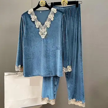 Mīksts Atpūtas Valkāt Sievietes 2 Gabali Krekls&Bikses Samta Gadījuma Pidžamas Komplekts Sleepwear Ar Mežģīnēm Mājas Drēbes, Intīma Apakšveļa, Pidžamas
