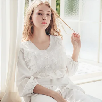 Nightdress Sieviešu Rudens Un Ziemas Jauno Salds 100% Kokvilnas Korejas Izdevums Meitene Izšuvumi Pils Stila Mežģīņu Sleepwear Uzvalks