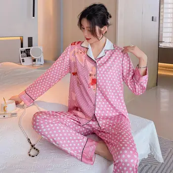 Pavasara Jauns Satīna 2GAB Pidžamu Sievietes Tērps ar garām Piedurknēm Mājas Apģērbu Miega Set Print Gadījuma ar garām Piedurknēm Rozā Pidžamas Homewear