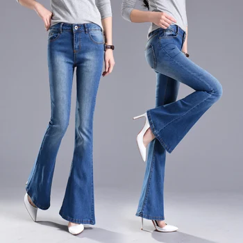 Pavasara rudens sieviešu augstais viduklis uzliesmojums džinsi sieviešu bija plānas stiept taures bikses Slim plaša kāju bikses Gadījuma Signālraķetes Bikses