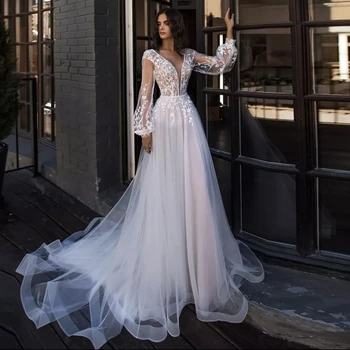 Princese dizainu kāzu kleitas, kāzu kleita ir 2021., A-kakla, V-apkakli, garām piedurknēm, mežģīnes, aplikācijas, slaucīšana