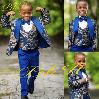Royal Blue Boy Uzvalks 3 Gabals Ziedu Jaka, Bikses, Vestes Kāzu Uzvalku Bērniem Modes Žakete Uzstādīt kostīmu enfant garçon mariage