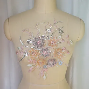 Rozā Sudraba 3D Ziedu Mežģīņu Auduma Krelles Sequin Pušķis Izšūta Līgavas Kleita Aplikācijas Apkakles Šūt Plāksteris, Kāzu Dekorēšana DIY