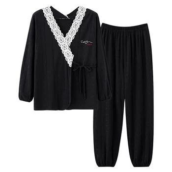 Rudens 100%Kokvilnas Sieviešu Pidžamas Komplekts Mežģīņu Dāmas Sleepwear Long Piedurknēm V-veida kakla Atpūtas Mīksto Sieviešu Naktsveļu Mājas apstākļos