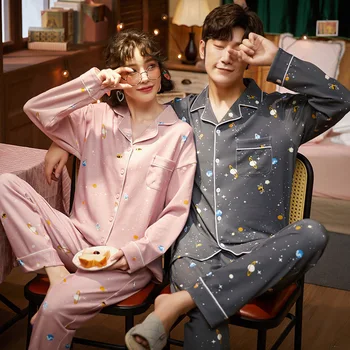 Rudens Pidžamu Pāri Kokvilnas Sleepwear Mīksto Pyjama Komplekti Sieviešu Pidžamas Komplekts Ar Garām Piedurknēm Vīriešiem Lounge Pijamas