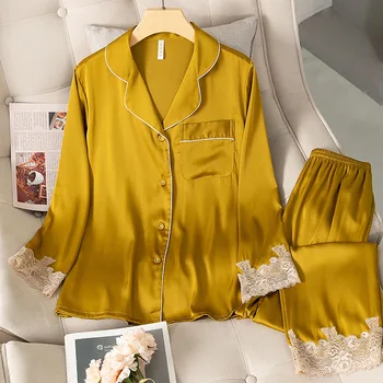 Satīna Pidžamas Komplekts Mākslīgās Zīda Sieviešu Sleepwear Bikses Gadījuma Mežģīnes Pijamas Lounge Valkāt Pavasarī Jaunas Mājas Drēbes Naktsveļu