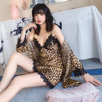 Seksīgas Mežģīnes, Zīda Sieviešu Leopard Drēbes & Tērpu Komplekti 2 Gabali Miega Noteikts Vasaras Satīna Apakšveļa Naktsveļu Sieviešu Sleepwear Drēbes Uzvalku