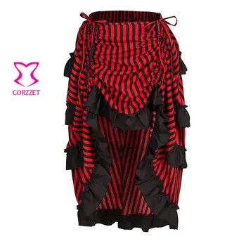Seksīgs Sarkans Un Melns Svītrains Kokvilnas Viktorijas Savirmot Asimetrisks Ilgi Steampunk Svārki Vintage Gothic Apģērbu, Sieviešu Svārki 2019