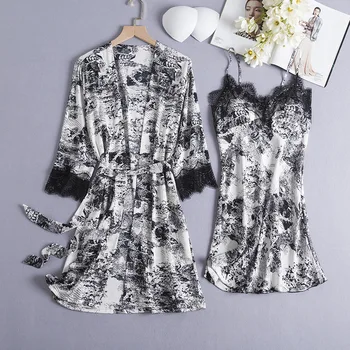 Tulin Modes Vasarā V-veida kakla Tērpu Komplekts Sievietēm Satīna 2GAB Sleepwear Mežģīnes Apdari Kimono Kleita Sieviešu Drēbes, Uzstādīt Gadījuma Miega Komplekts Mājas apstākļos