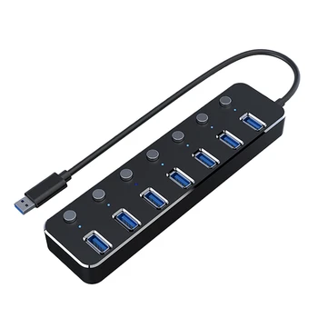 USB Centrmezglam, kas ar 7 Porti USB 3.0 5Gbps Hub Sadalītāja Paplašinātāju Ar Neatkarīgu Barošanas Slēdzis Un LED Portatīvo DATORU