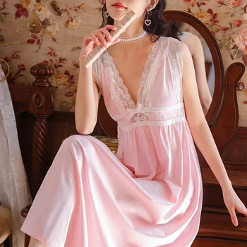 Vasaras Sieviešu Lolita Mežģīnes Nightgowns Mežģīņu Piedurknēm Ilgi, Dāmas Vintage Nightdress V-Veida Kakla Sexy Backless Sleepwear Negligee