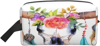 Vērša Galvaskausu Tualetes Piederumu Soma Vērša Galvaskausu Ar Akvareļu Dekoratīvās Krāsains Ziedi Grims Soma Kosmētikas Soma Uzglabāšanas Soma Organizators