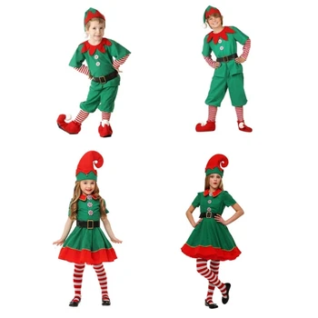 Zaļā Elfs Cosplay Kostīmu Ģimenes Ziemassvētku un Jaunā Gada Masku Meitenēm Zēniem Santa Claus Ziemassvētki Drēbes Dāvanu