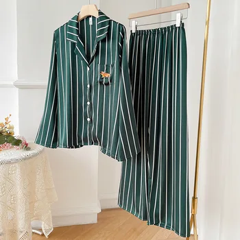 Zaļā Svītrainām 2GAB Sleepwear Satīna Pidžamas Komplekts Sievietēm Zīdaini Gulēt Komplekts Krekls ar garām Piedurknēm&Bikses Sieviešu Atloks Pijamas Uzvalks